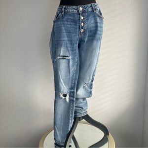 Kancan Midrise Boyfriend Jean Size 13/30 Blue Distressed Stretch Button Fly
